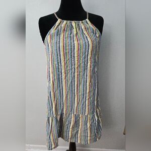 Blue and Yellow Striped Halter Top with Ruffle Detail